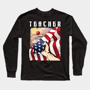 US FLag Pen Books And Strongly Hand Happy Teacher Fighting Coronavirus 2020 Win Class Of School Long Sleeve T-Shirt